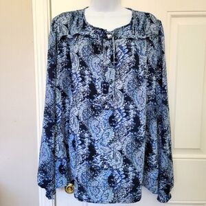 Joie Blue Parisian Paisley Long Sleeve Blouse Front Tie Tassles Size Large